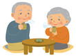 座って日本茶を飲む高齢者。おじいさんとおばあさん。座卓と大福。