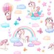 Set of stickers with unicorns, suitable for a children`s interior, isolated on white