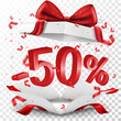 Open gift box with red bow isolated on white. Sale 50% off. Vector illustration