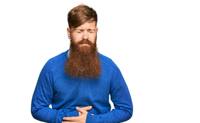 Sticker - Young irish redhead man wearing casual clothes with hand on stomach because indigestion, painful illness feeling unwell. ache concept.