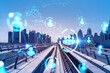 © VideoFlow - The way towards skyscrapers by modern futuristic train. Tech railway delivers commuters to the financial downtown of Dubai. social network concept. people icon drawings. Double exposure