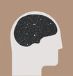 Inner space or meditation concept with human head silhouette with brain filled starry space texture. Minimalistic vector illustration