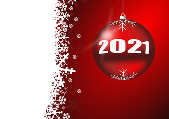 Wall Mural - New years 2021 greeting card with snowflakes and christmas ball on red background