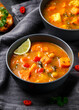Curry soup with sweet potato, kale, chickpea, red pepper and chicken