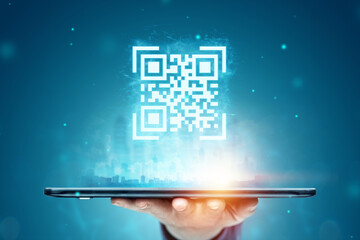 QR code and smartphone, new technologies. Electronic digital technologies scanning, barcode.