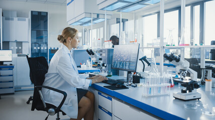 Wall Mural - medical science laboratory with diverse team of biochemistry scientists developing drugs, female mic
