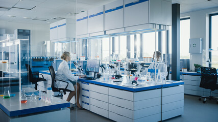 Wall Mural - medical science laboratory with diverse team of biochemistry scientists developing drugs, female mic