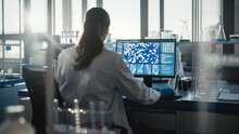 Medical Science Laboratory With Diverse Team Of Professional Biotechnology Scientists Developing Drugs, Female Biochemist Working On Computer Showing Gene Therapy Interface. Back View Shot