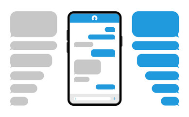 Wall Mural - Smartphone with blue message bubbles. Speech bubbles for chat. Phone chat screen and text sms. Messenger interface. Vector.