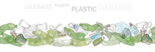 Different Kinds Of Plastic Garbage. Seamless Pattern Brush. The Concept Of Ecology And The World Cleanup Day.