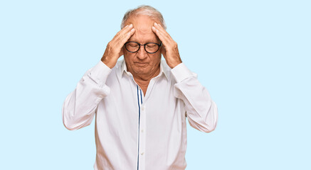 Poster - Senior caucasian man wearing business shirt and glasses with hand on head for pain in head because stress. suffering migraine.