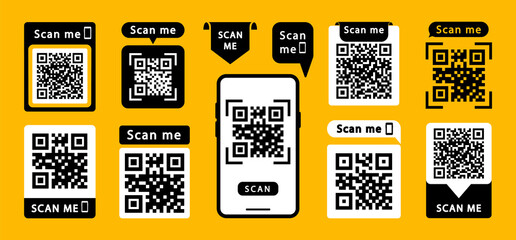 Wall Mural - Set of QR codes with inscription scan me with smartphone. Scan qr code icon. Qr code for payment, mobile app and identification. Vector illustration.