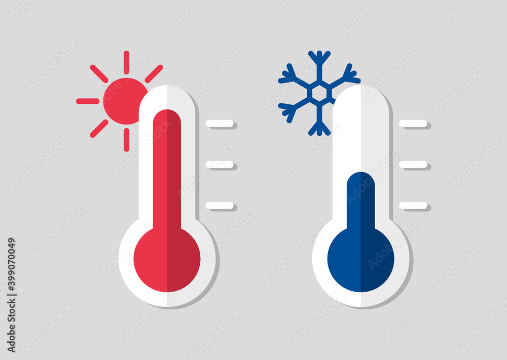 Thermometer with hot or cold temperature. Celsius meteorological thermometers for measure temperature. Weather flat icons. - obrazy, fototapety, plakaty 