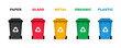 © TMvectorart - Garbage bins set. Colorful trash cans with recycling icon. Waste sorting. Containers for sorting paper, glass, metal, organic, plastic. Vector illustration.