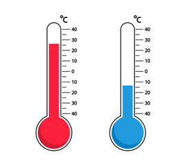 Thermometer with hot or cold temperature. Celsius meteorological thermometers for measure temperature. Forecast weather.