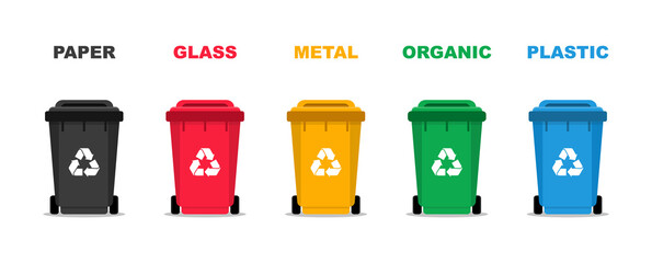 Garbage bins set. Colorful trash cans with recycling icon. Waste sorting. Containers for sorting paper, glass, metal, organic, plastic. Vector illustration.