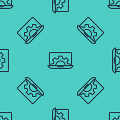 Black line Software, web development, programming concept icon isolated seamless pattern on green background. Programming language and program code on screen laptop. Vector.