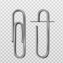 Two 3d Realistic Vector Metal Paper Clips, With And Without Paper. Isolated On White Background.