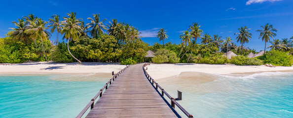 Wall Mural - Maldives island beach. Tropical landscape of summer scenery, white sand with palm trees. Luxury travel vacation destination. Amazing beach landscape, jetty over stunning blue lagoon, idyllic nature