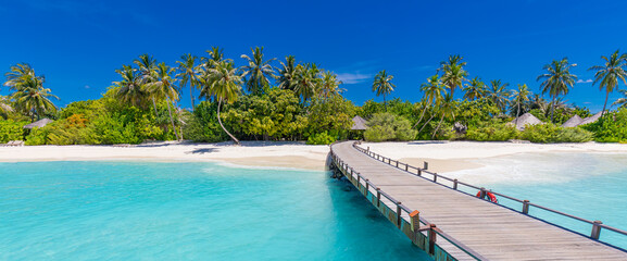 Maldives island beach. Tropical landscape of summer scenery, white sand with palm trees. Luxury travel vacation destination. Amazing beach landscape, jetty over stunning blue lagoon, idyllic nature