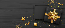 Gift Box And Gold Bow Ribbon Banners Design On Black Wood Background, Eps 10 Vector Illustration