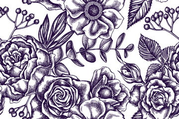 Wall Mural - Artistic seamless pattern with roses, anemone, eucalyptus, peony, viburnum