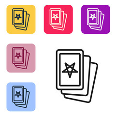 Black line Three tarot cards icon isolated on white background. Magic occult set of tarot cards. Set icons in color square buttons. Vector.