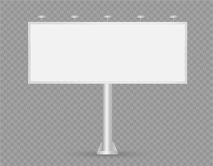 Blank Billboard. Vector 3d realistic. Empty billboard with illumination isolated on transparent background. Big wide banner for advertising. Screen for presentation and design. Mockup. Front view. 