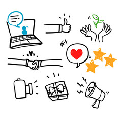 han drawn Brand ambassador line icons. Influence people, Megaphone and Representative. Handshake, influencer in doodle style vector isolated