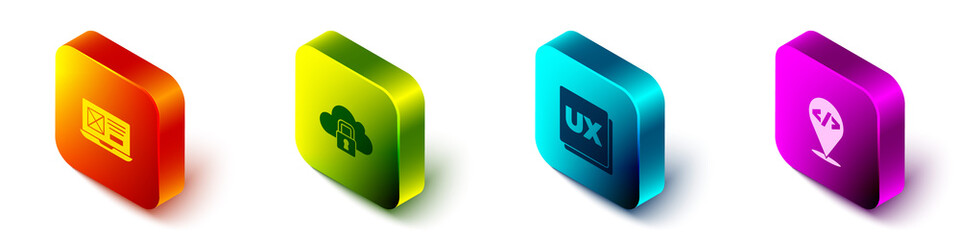 Set Isometric UI or UX design, Cloud computing lock, and Front end development icon. Vector.