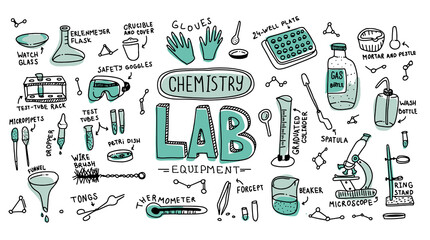 Chemistry Lab equipment doodle. Hand draw vector. Set of laboratory tool