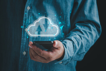 Leinwandbilder - Man holding smart phone with virtual cloud computing on hand with connection line.Cloud computing is system for sharing download and upload big data information.