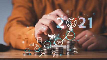 Poster - saving and investment Plan business growth in year 2021 concept. Businessman plan and increase of positive indicators in his business, Growing up business concepts.