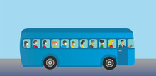 Bus With Variation Among Passengers; Age, Gender, Orgins And All Wearing Mouth Guard. Vector Illustration. EPS10.