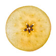 Fine tranche de pomme transparente, coupe transversale montrant les pépins, sur fond blanc