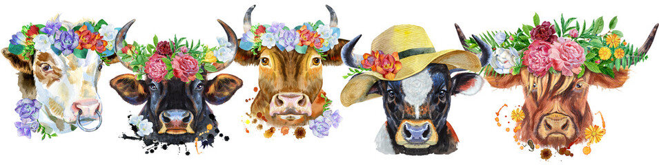 Border from watercolor portraits of bulls for decoration