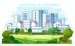 Suburb of the city. Cityscape. High-rise buildings, skyscrapers and high-rise buildings. Green parkland and farm fields. Flat style. Plots of land on the outskirts of the city. Isolated. Vector
