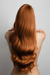 wavy red hair back view. Grey background