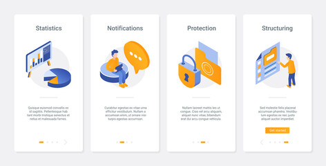 Protection of personal data technology vector illustration. UX, UI onboarding mobile app page screen set with line database analysis, structuring notification to protect confidential information