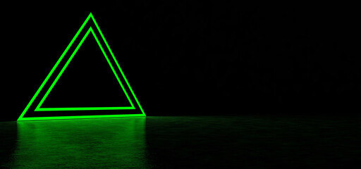 A glowing pyramid of green in dark space. Glowing stripes form a pyramid. Two glowing triangular frames of green color in the shape of a pyramid. 3D Render