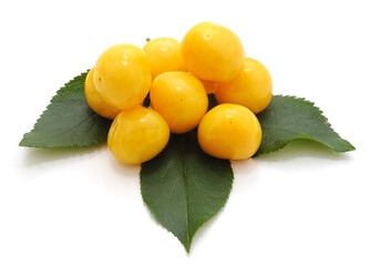 Poster - Yellow sweet cherries with leaves.