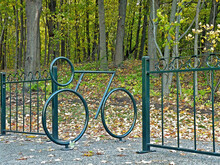 Empty Green Metal Bicycle Rack In Autumn Park