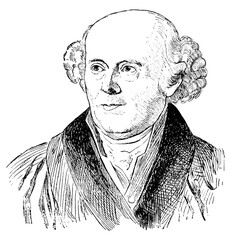 Portrait of Samuel Hahnemann -  a German physician, best known for creating the pseudoscientific system of alternative medicine called homeopathy. Illustration of the 19th century. White background.