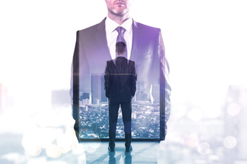 Poster - Double exposure of two businessman standing in office.