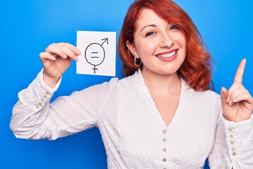 Canvas Print - Young redhead woman asking for sex discrimination holding paper with gender equality message smiling happy pointing with hand and finger to the side