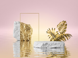 3d render, pink background with white rock podium and golden tropical leaves, gold nugget and reflection in the water. Empty stage. Blank showcase scene for product presentation