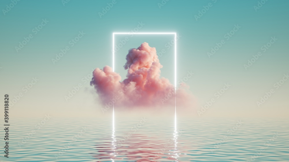 3d render, abstract background with pink cloud levitates inside glowing ...