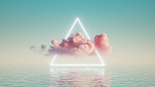 3d Render, Abstract Background With Pink Cloud Levitates Inside Glowing Triangular Neon Frame, With Reflection In The Water. Minimal Futuristic Seascape