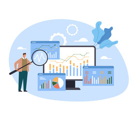 Wall Mural - analytics and data seo optimization analyzing wireframe research. vector concept flat graphic simple