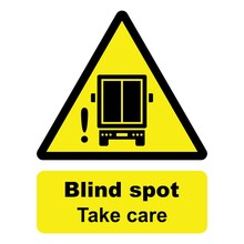 Road safety and traffic sign. Blind spot, Take care. Delivery truck icon. Back view of a lorry. Vector icon isolated on white background.